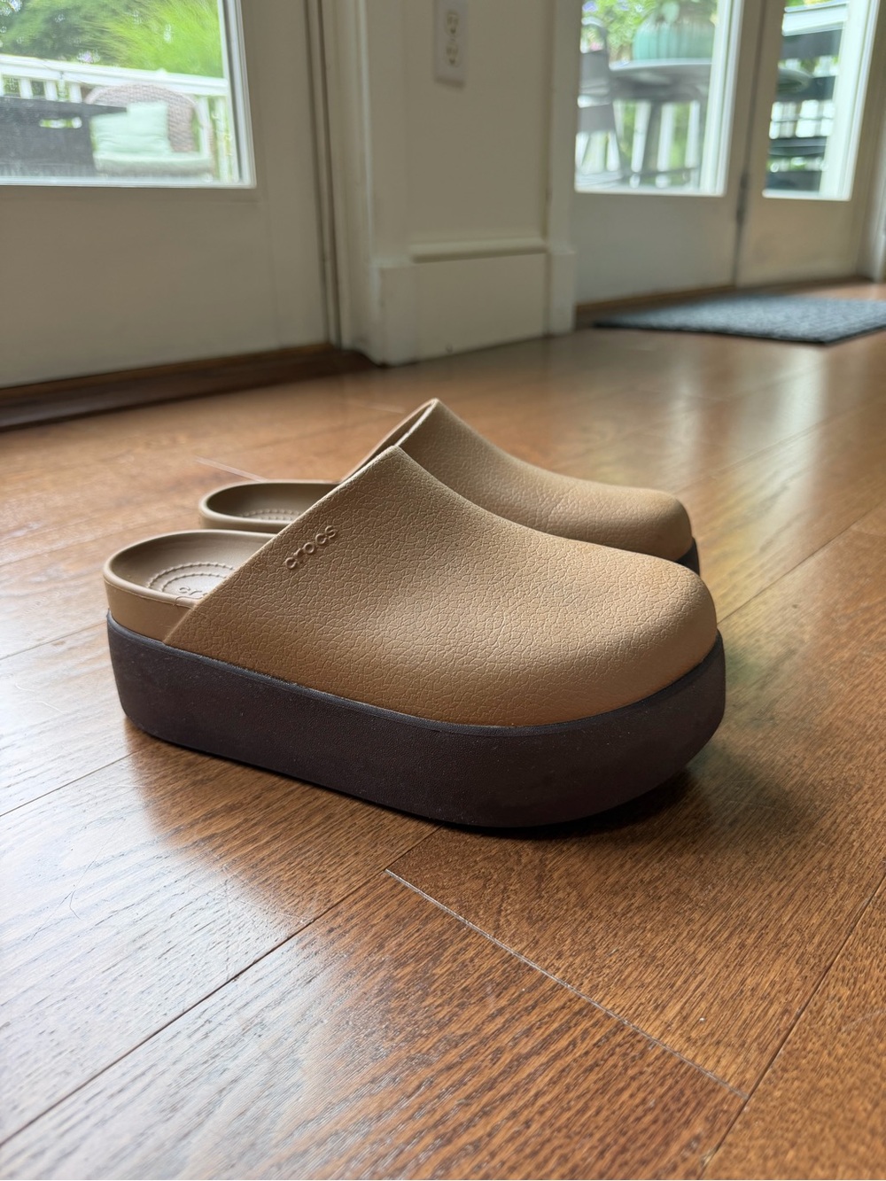 CROCS Women's Tan Upper with Dark Brown Platform Clogs